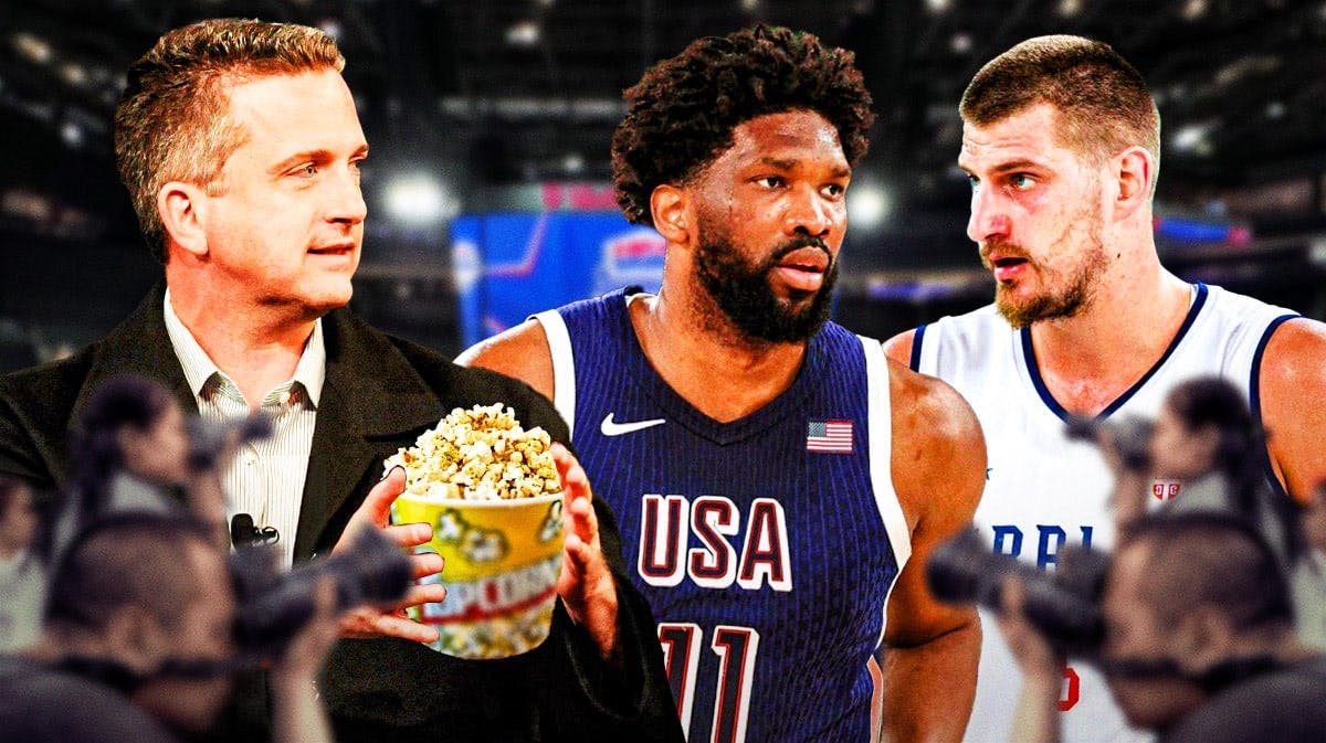 Picture of Bill Simmons with popcorn watching Joel Embiid in a Team USA uniform face Nikola Jokic in his Croatia uniform on a basketball floor