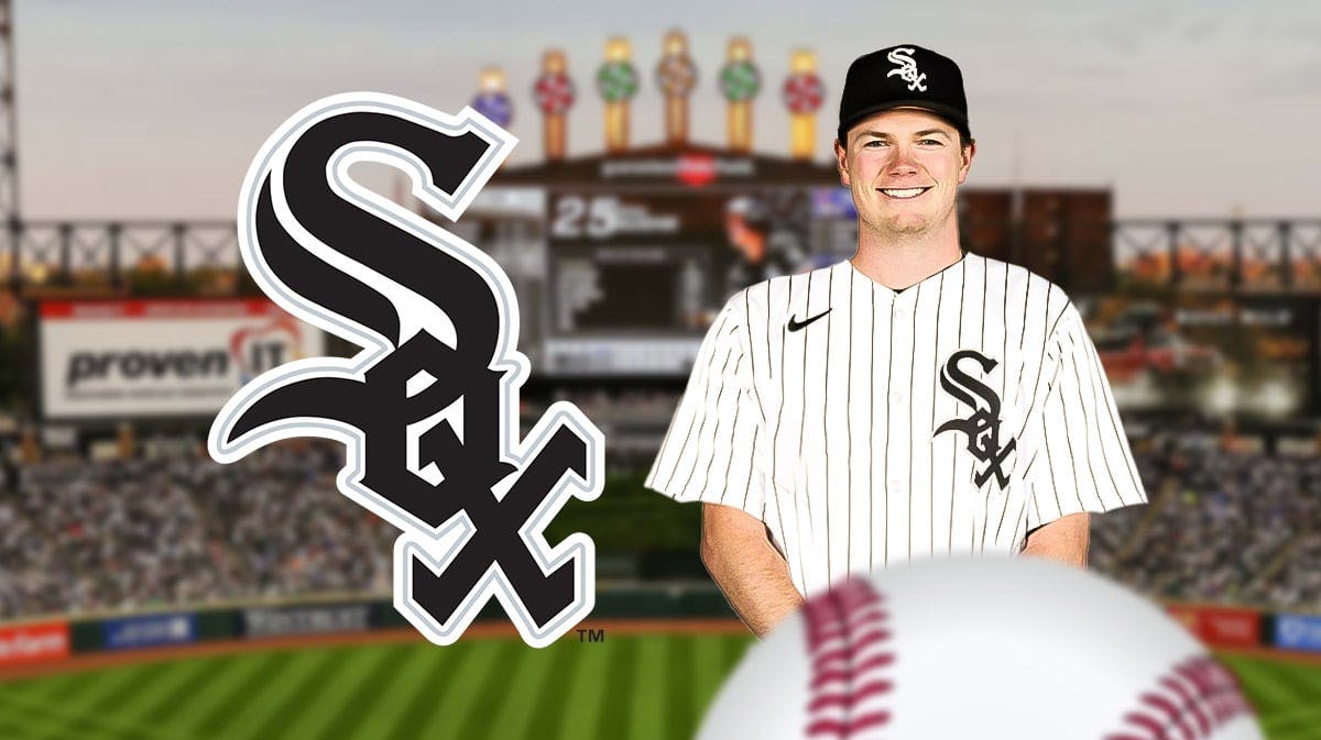 Chicago White Sox logo on left side, White Sox pitcher Gus Varland on right side, Guaranteed Rate Field (home stadium of the Chicago White Sox) in background