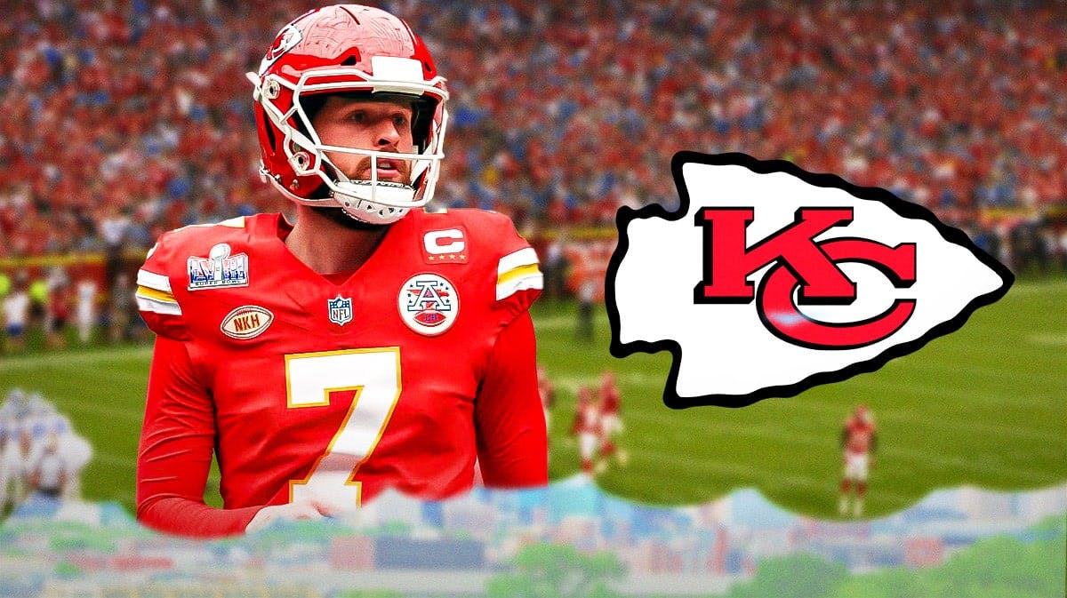 Harrison Butker next to a Chiefs logo at Arrowhead Stadium