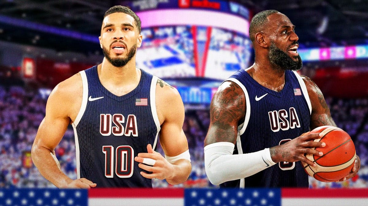 Boston Celtics player Jayson Tatum and Los Angeles Lakers player LeBron James in their Team USA / Olympic uniforms