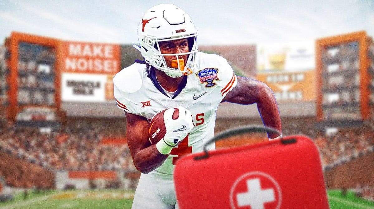 Texas football, Longhorns, CJ Baxter, CJ Baxter injury, CJ Baxter Texas, CJ Baxter in Texas uni with Texas football stadium in the background, first aid kid on graphic