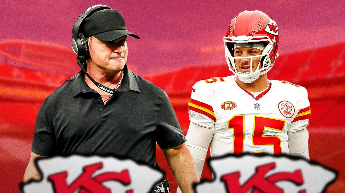 Jon Gruden and Patrick Mahomes standing side by side with a Chiefs colored bg.