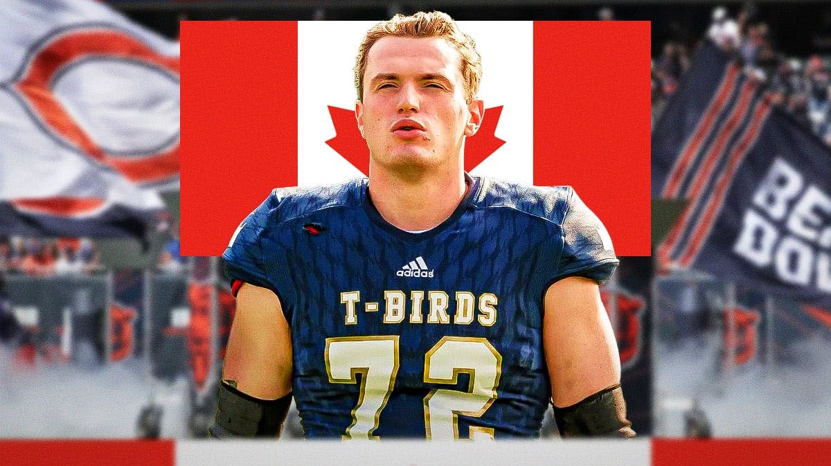 Theo Benedet with an eagle and canadian flag featuring a chicago bears background.