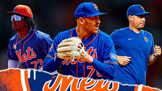 Reed Garrett and Luisangel Acuna (both Mets) with Carlos Mendoza (Mets manager) behind and the Mets logo in front of them