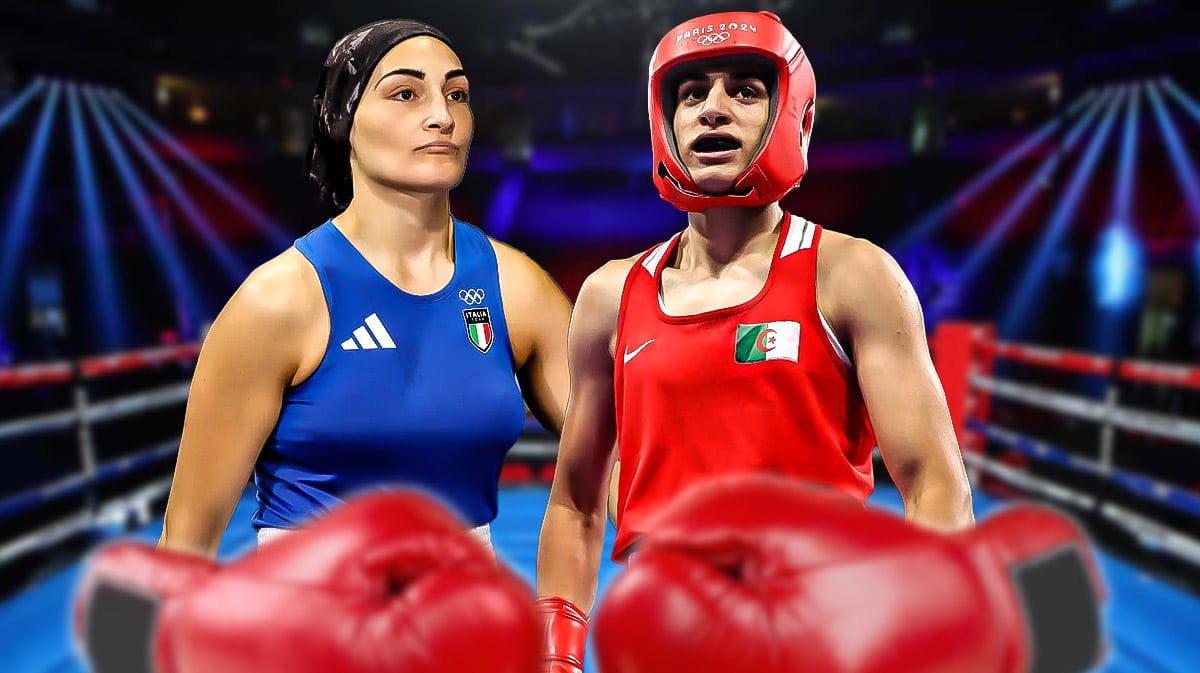 Olympics boxers Angela Carini and Imane Khelif in front of a ring in Paris.