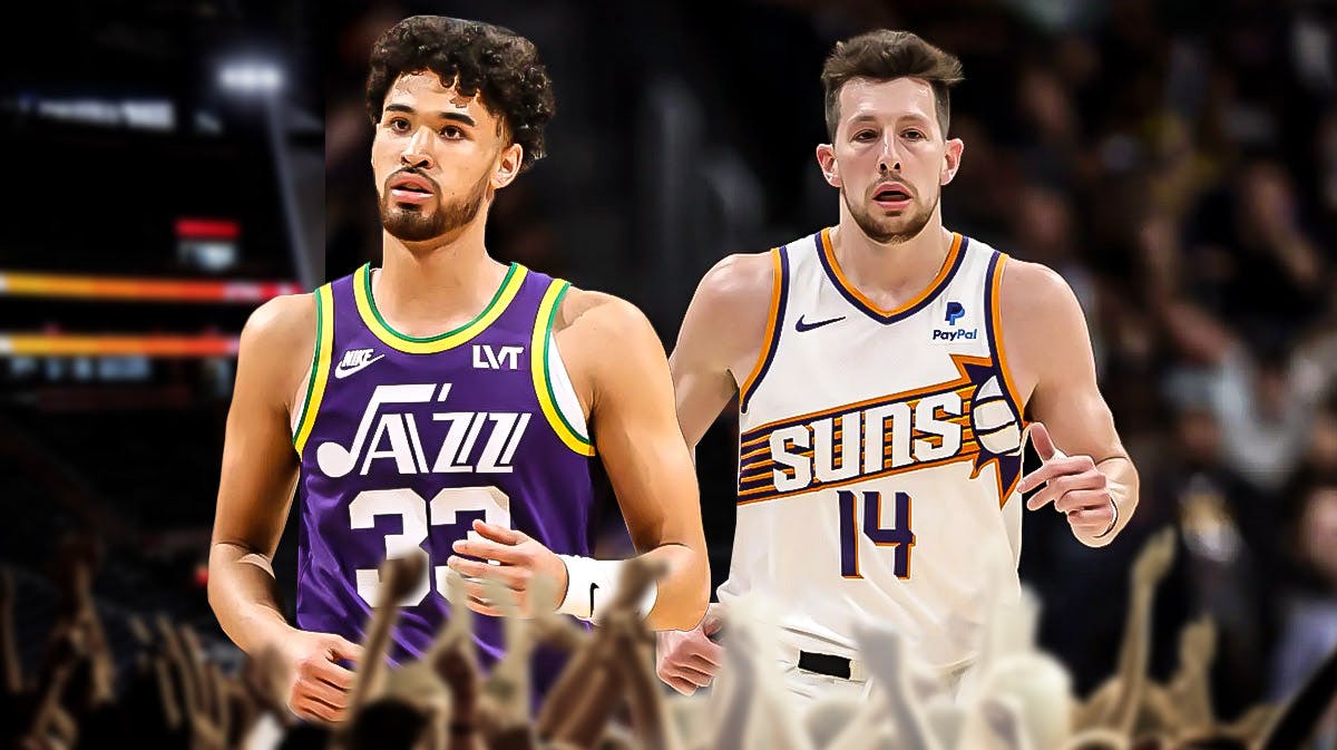 Johnny Juzang, Drew Eubanks beside each other, Utah Jazz wallpaper in the background