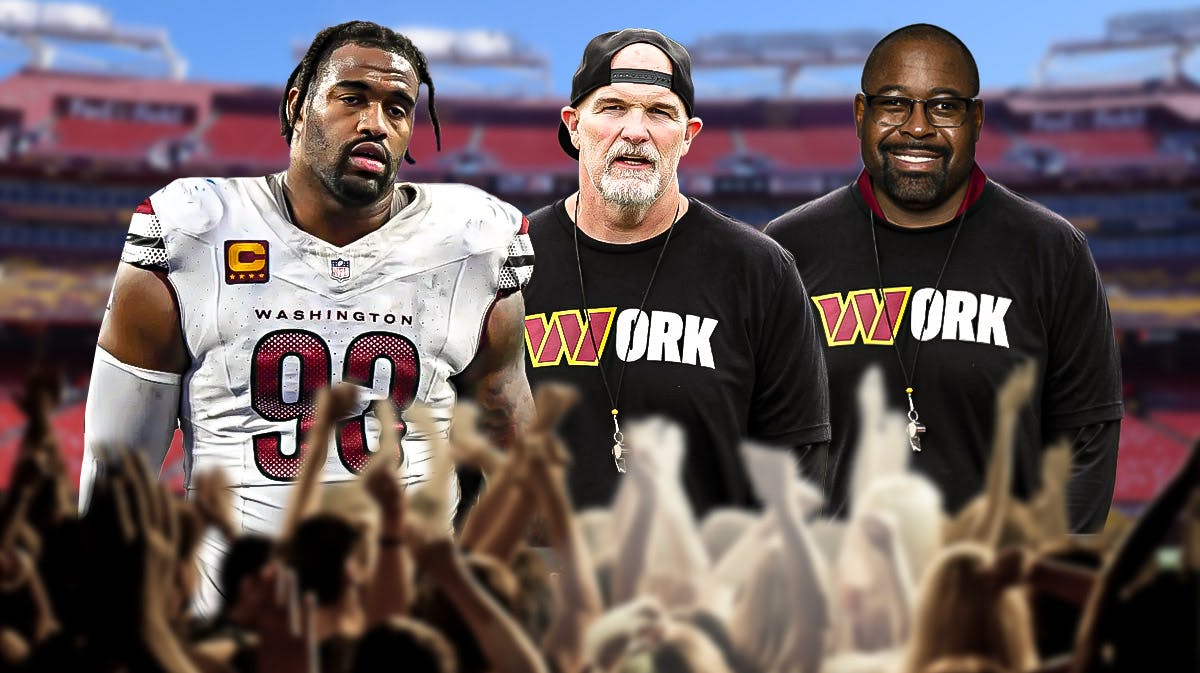 Jonathan Allen in a Commanders jersey, Dan Quinn in Commanders coaching gear, and Joe Whitt Jr. in Commanders coaching gear with a football field in the background.