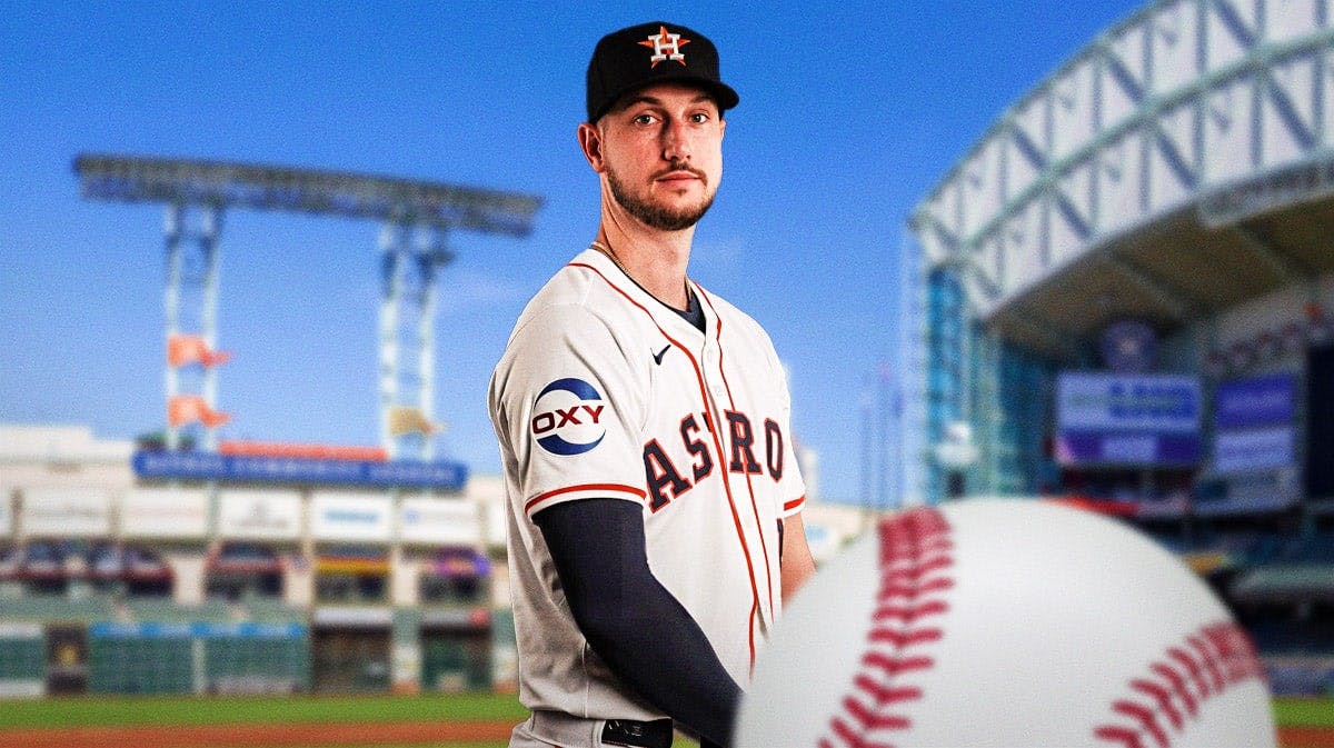 Houston Astros star Kyle Tucker in front of Minute Maid Park.