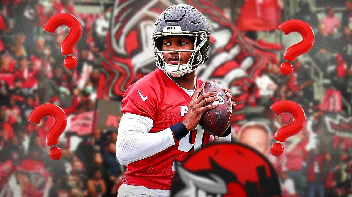 Michael Penix Jr. surrounded by question marks with an Atlanta Falcons background.