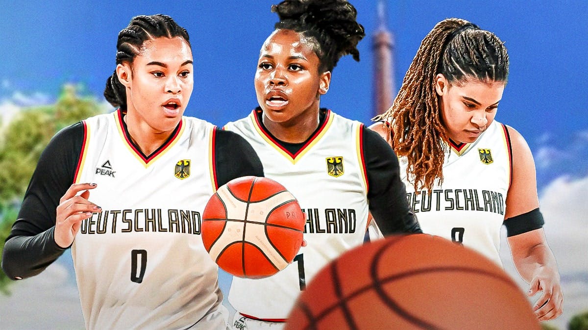 Satou Sabally, Alexis Peterson and Nyara Sabally all wearing 2024 Team Germany jerseys. Have everyone looking serious. Make the background The Effiel Tower in France.