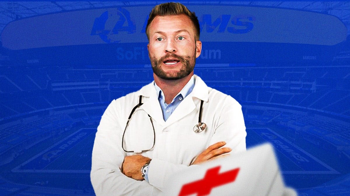 Sean McVay dressed up as a doctor with a Rams-colored bg.