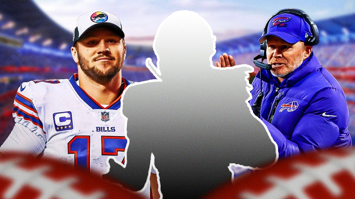 Bills' Josh Allen, Sean McDermott looking happy, celebrating next to a silhouette of James Cook