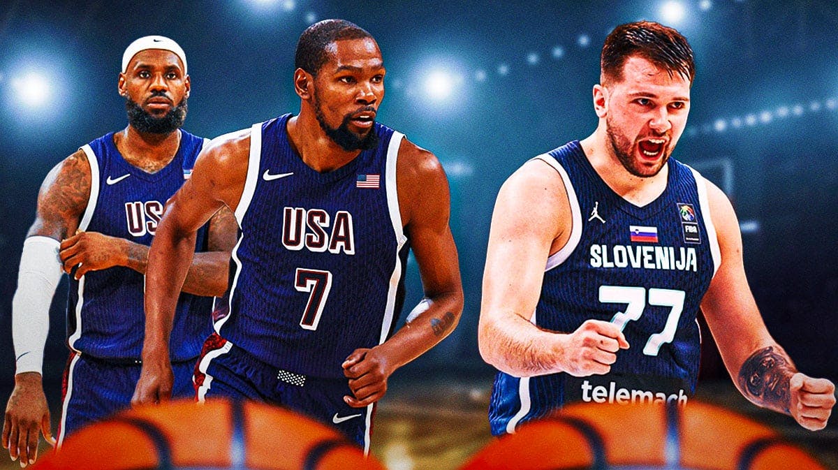 LeBron James and Kevin Durant playing for Team USA and Luka Doncic playing for Slovenia.