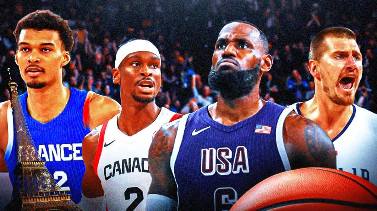 LeBron James (Team USA), Victor Wembanyama (Team France), Nikola Jokic (Team Serbia), Shai Gilgeous Alexander (Team Canada) all together. Paris 2024 Olympics logo in front.