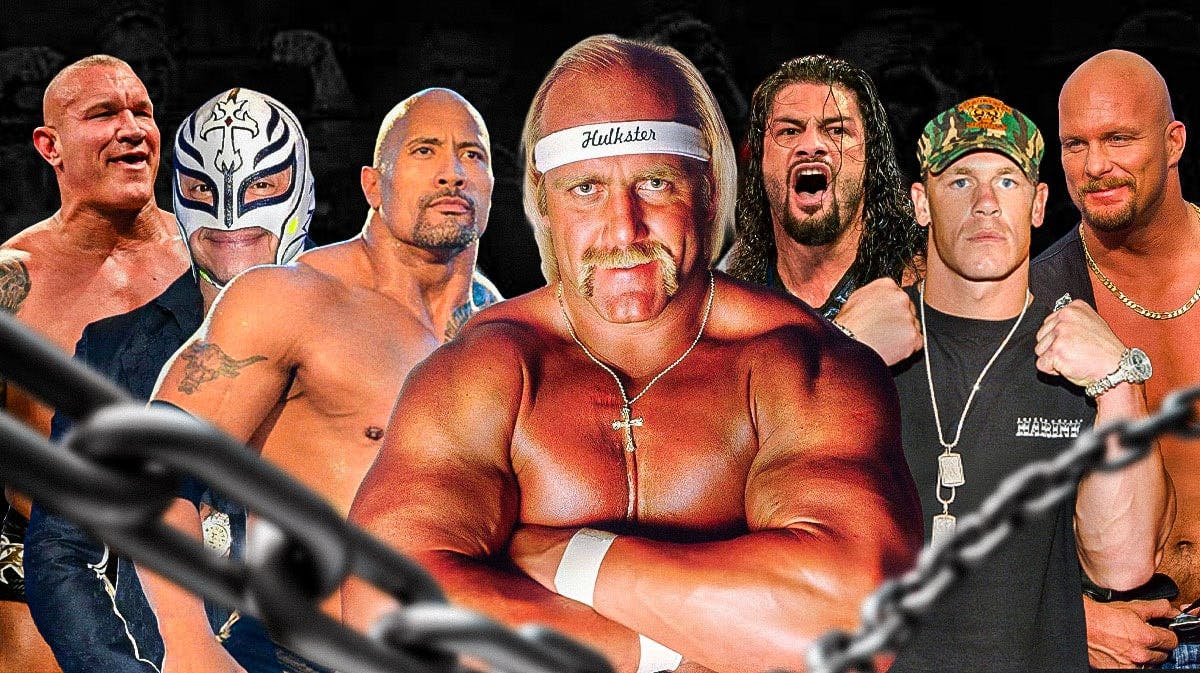Hulk Hogan, Rey Mysterio, Randy Orton, John Cena, Stone Cold Steve Austin, Dwayne the Rock Johnson, Roman Reigns, Andre the Giant all together and in their wrestling primes (for example I want Hulk Hogan to be in the WWE in the '80s and not the current older version of himself.
