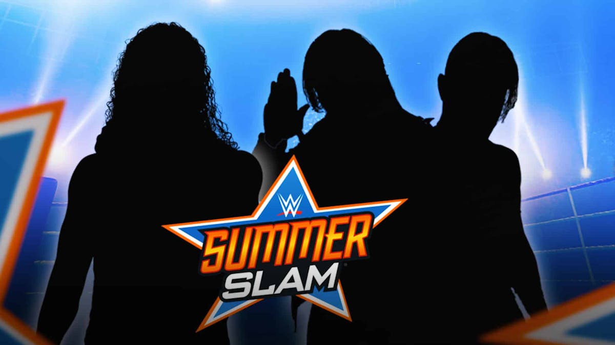Bron Breakker with the blacked-out silhouette of Shawn Michaels on his right, the blacked-out silhouette of Goldberg on the left and the SummerSlam logo as the background.