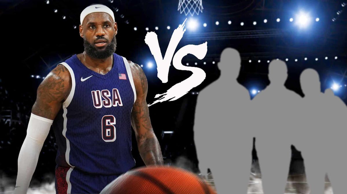 LeBron James in his Team USA uniform on the left with a "VS" in the middle and 3 blacked out images of people on the right.
