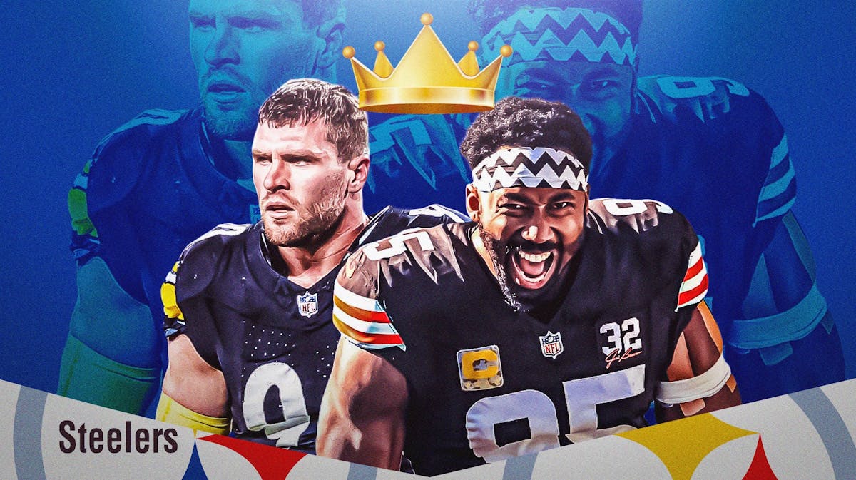 Steelers' TJ Watt and Browns' Myles Garrett with a crown above their heads