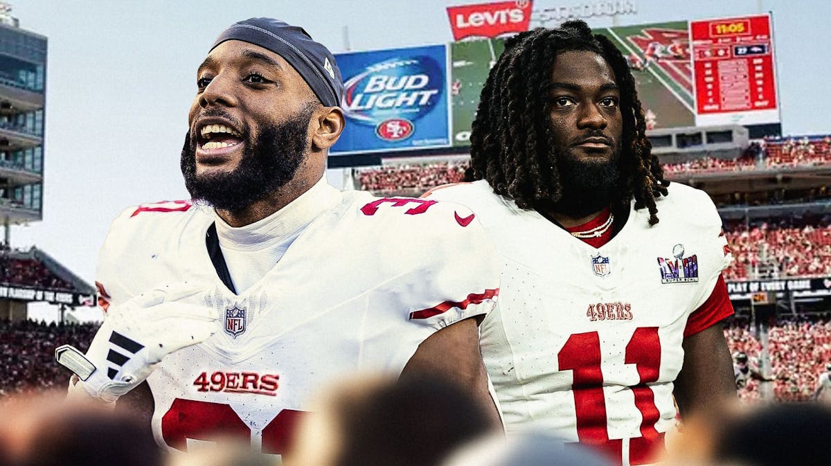 Matt Breida in a 49ers uniform next to Brando Aiyuk at Levi Stadium.