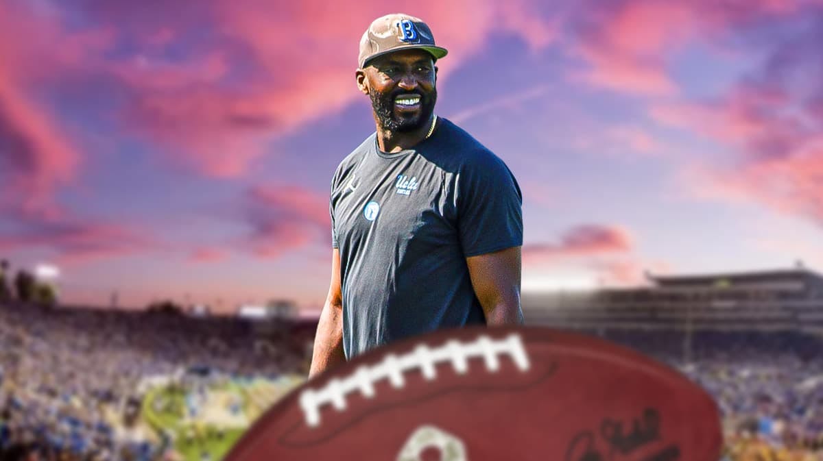 UCLA football, Bruins, UCLA football predictions, 2024 UCLA football, DeShaun Foster, DeShaun Foster in UCLA gear with UCLA football stadium in the background