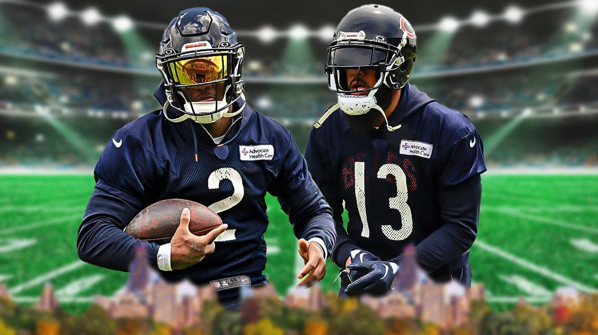 DJ Moore in a Bears jersey and Keenan Allen in a Bears jersey with a football field in the background.