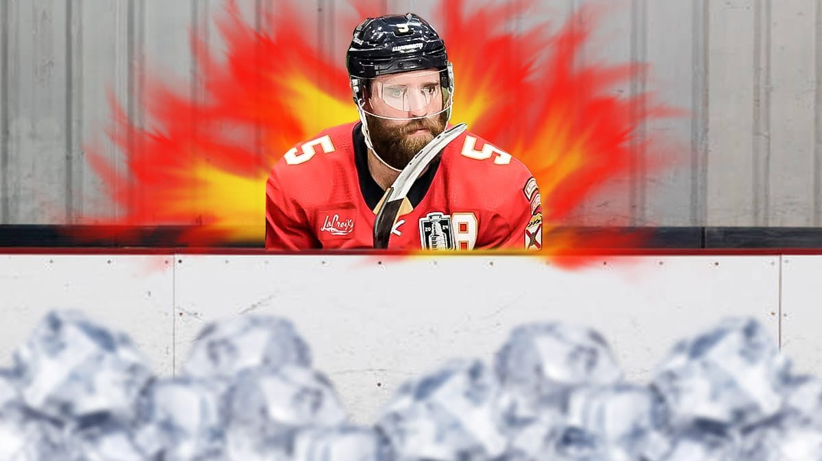 Panthers' Aaron Ekblad sitting in a chair that is on fire.