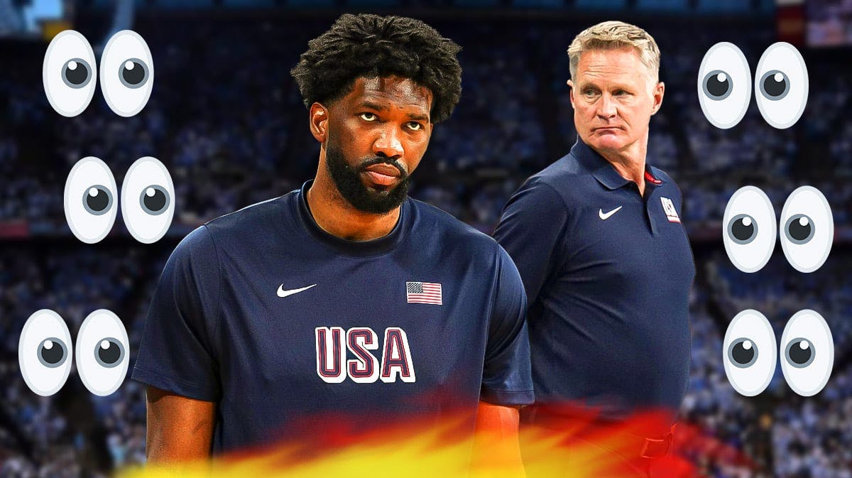Joel Embiid and Steve Kerr (both in Team USA gear) with a bunch of the big eyes emoji in the background