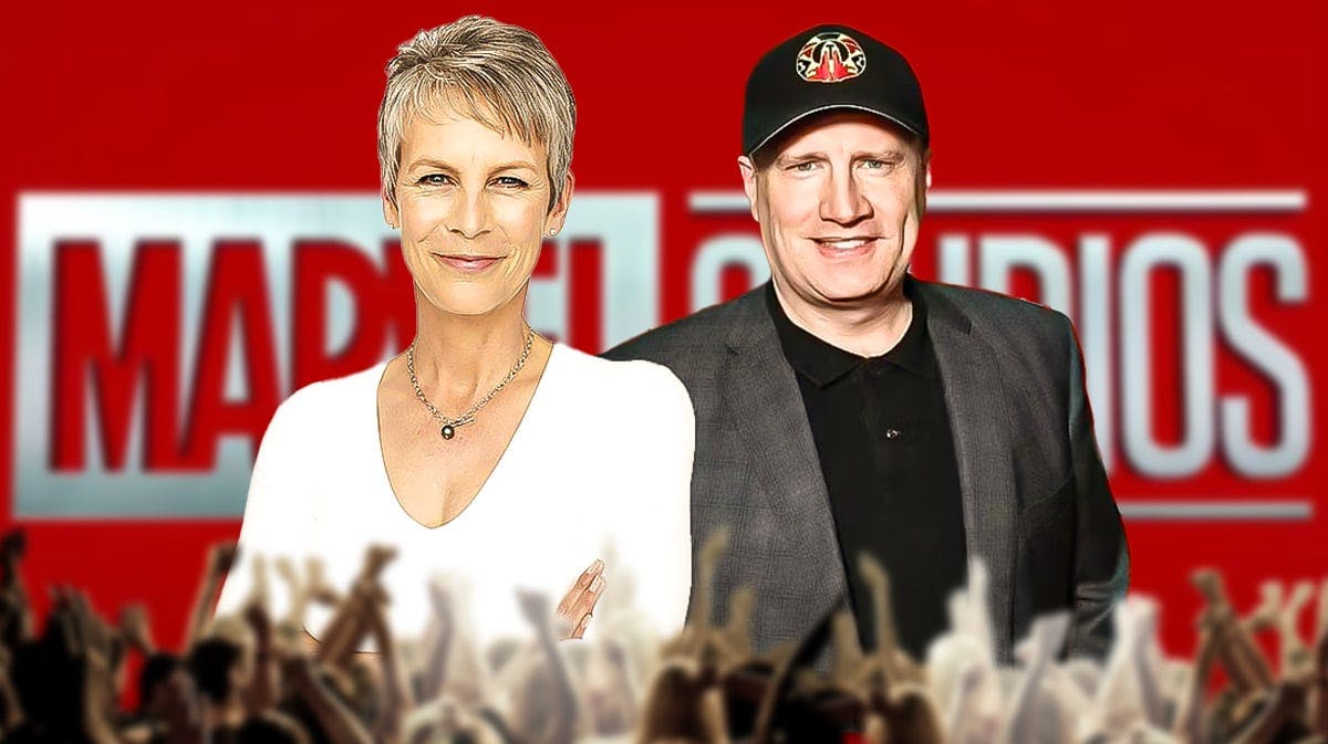 Jamie Lee Curtis and Marvel Studios president Kevin Feige) with logo.
