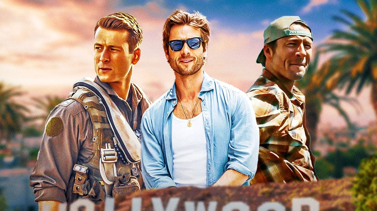 Glen Powell with characters from Top Gun: Maverick and Twisters.