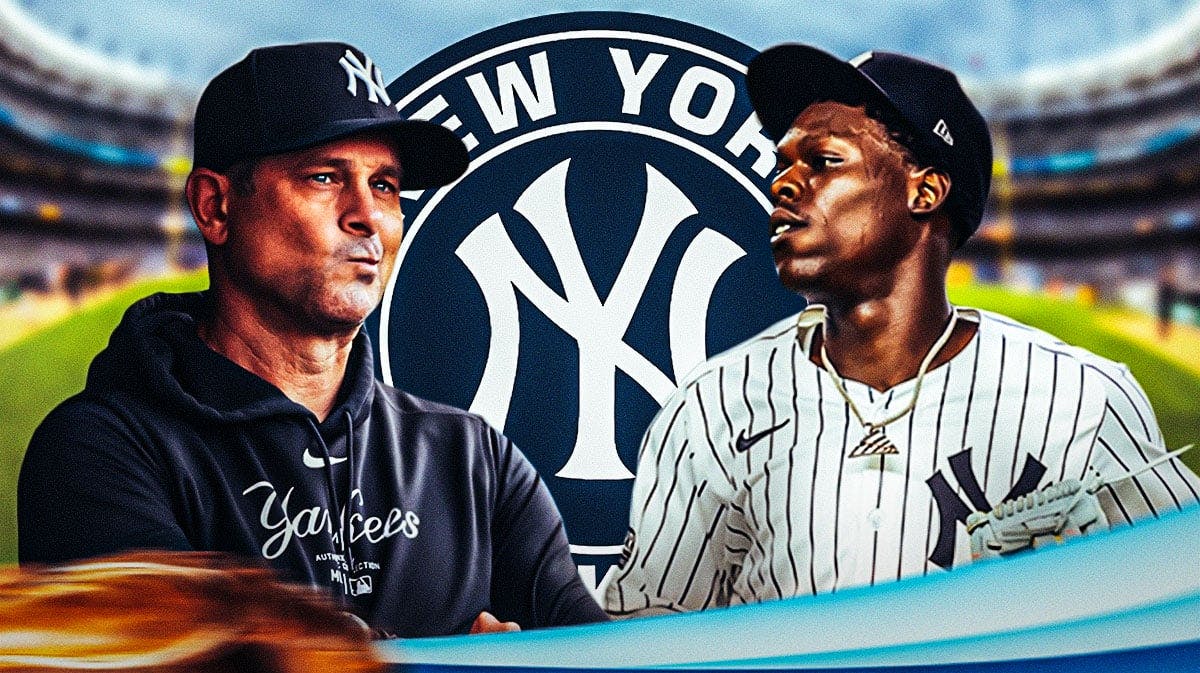 New York Yankees logo in center, New York Yankees manager Aaron Boone on left side, New York Yankees third baseman Jazz Chisholm Jr. on right side, Yankee Stadium (home stadium of the New York Yankees) in background