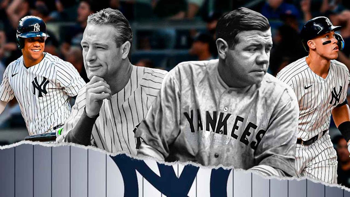 Former Yankees OF Babe Ruth on top left, Former Yankees 1B Lou Gehrig on bottom left, Yankees OF Aaron Judge on top right, Yankees OF Juan Soto on bottom right, Yankee Stadium (home field of the New York Yankees) in background