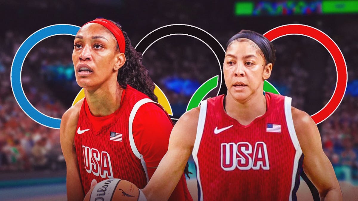 A'ja Wilson, Team USA, Olympics, USA Nigeria, Candace Parker, A'ja Wilson and Candace Parker in USA unis, Olympics logo in the background