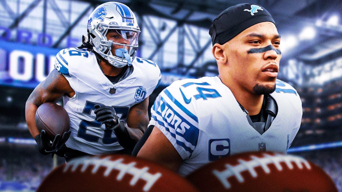 Detroit Lions stars Amon-Ra St.Brown and Jahmyr Gibbs in front of Ford Field.