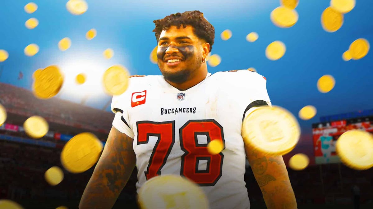 Tampa Bay Buccaneers offensive tackle Tristan Wirfs with pennies falling all around him