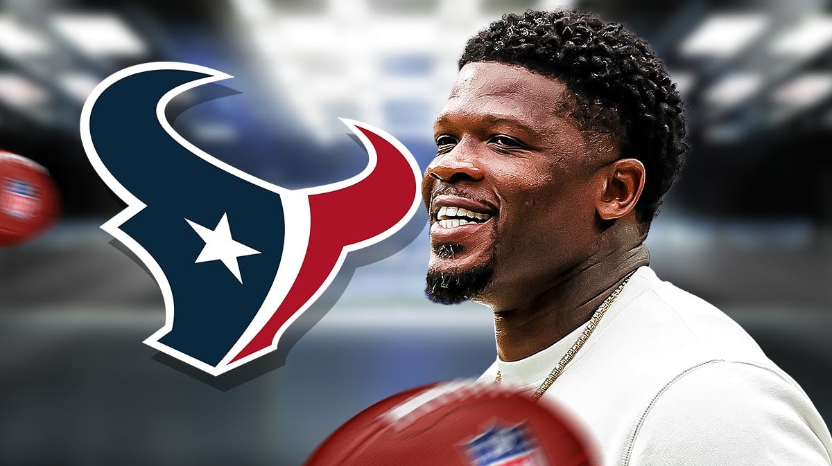 Texans' Andre Johnson stands next to NFL Hall of Fame logo
