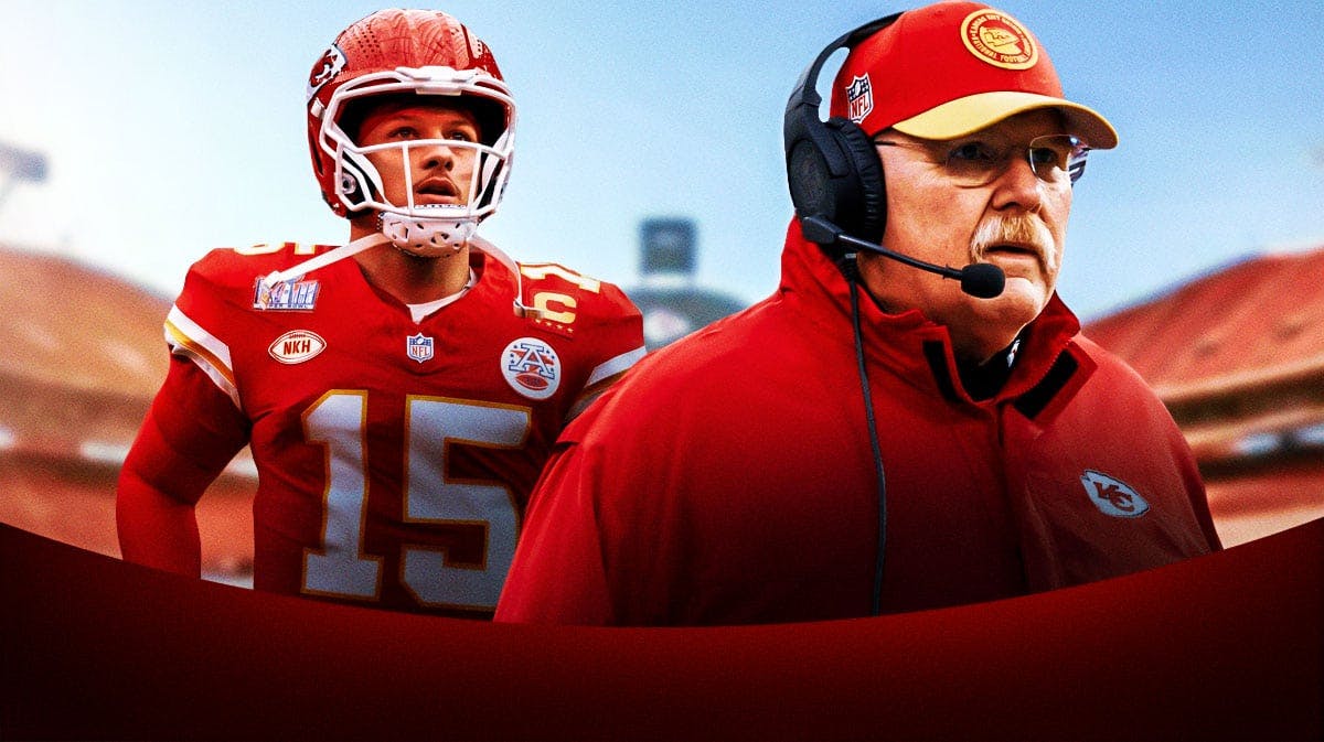 A picture of Andy Reid in Chiefs coaching gear and Patrick Mahomes in a Chiefs jersey with a football field in the background.