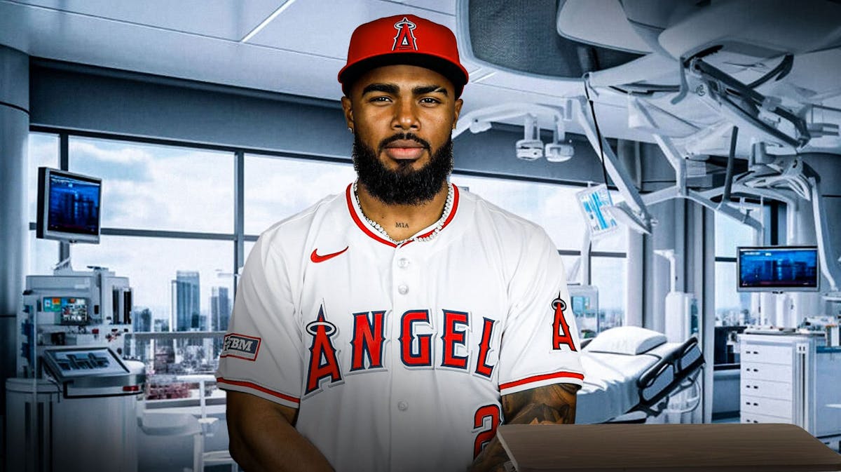 Luis Rengifo of the Angels with a hospital background