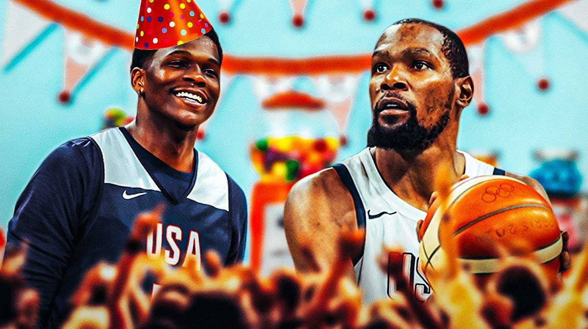 Anthony Edwards with a Team USA jersey on and birthday hat on his head, Kevin Durant in a Team USA jersey, with a party in the background.