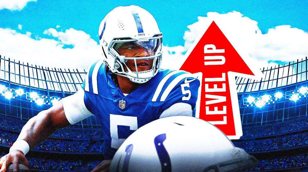 Anthony Richardson with an arrow next to him that says "level up" with a Colts-themed bg.
