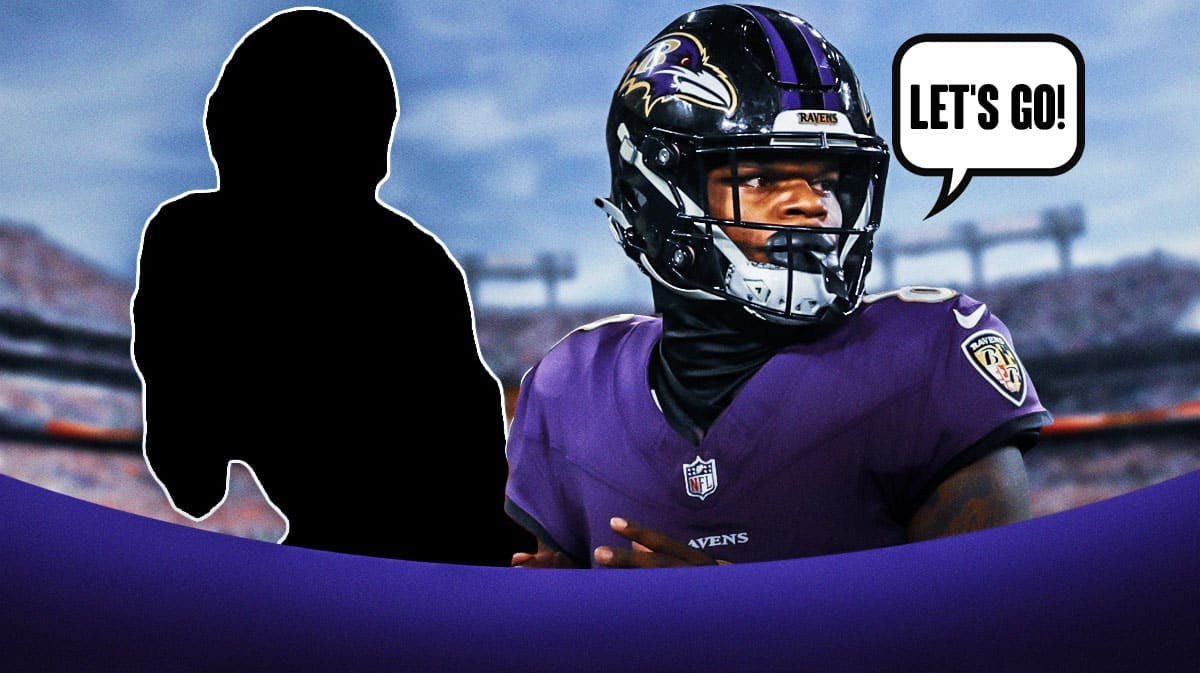 Lamar Jackson on one side with a speech bubble that says "Let's go!", a silhouette of a football wide receiver on the other side