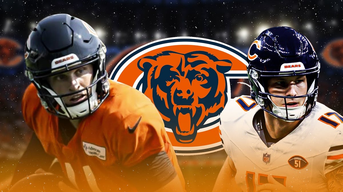 Bears QB Brett Rypien on left side, Chicago Bears logo in center, Bears QB Tyson Bagent on right side, Soldier Field (home stadium of the Chicago Bears) in the background