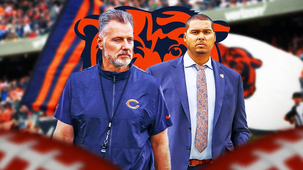 Matt Eberflus and Ryan Pace in front of a Bears logo at Soldier Field