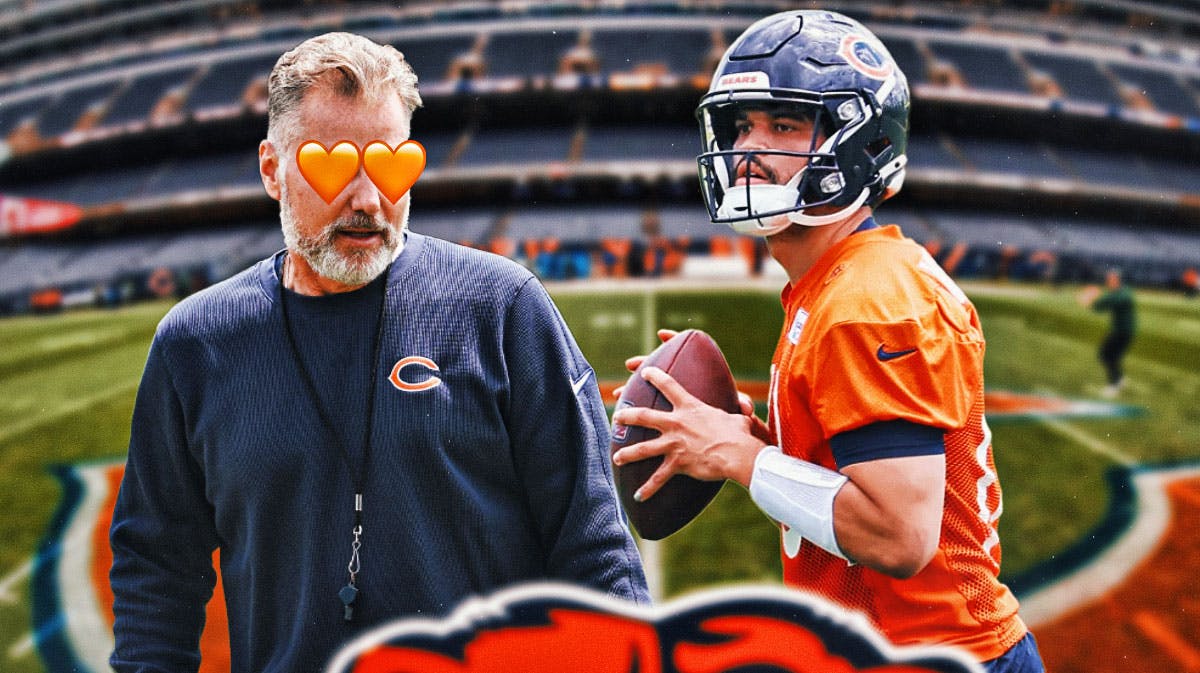 Chicago Bears head coach Matt Eberflus looks adoringly at Caleb Williams