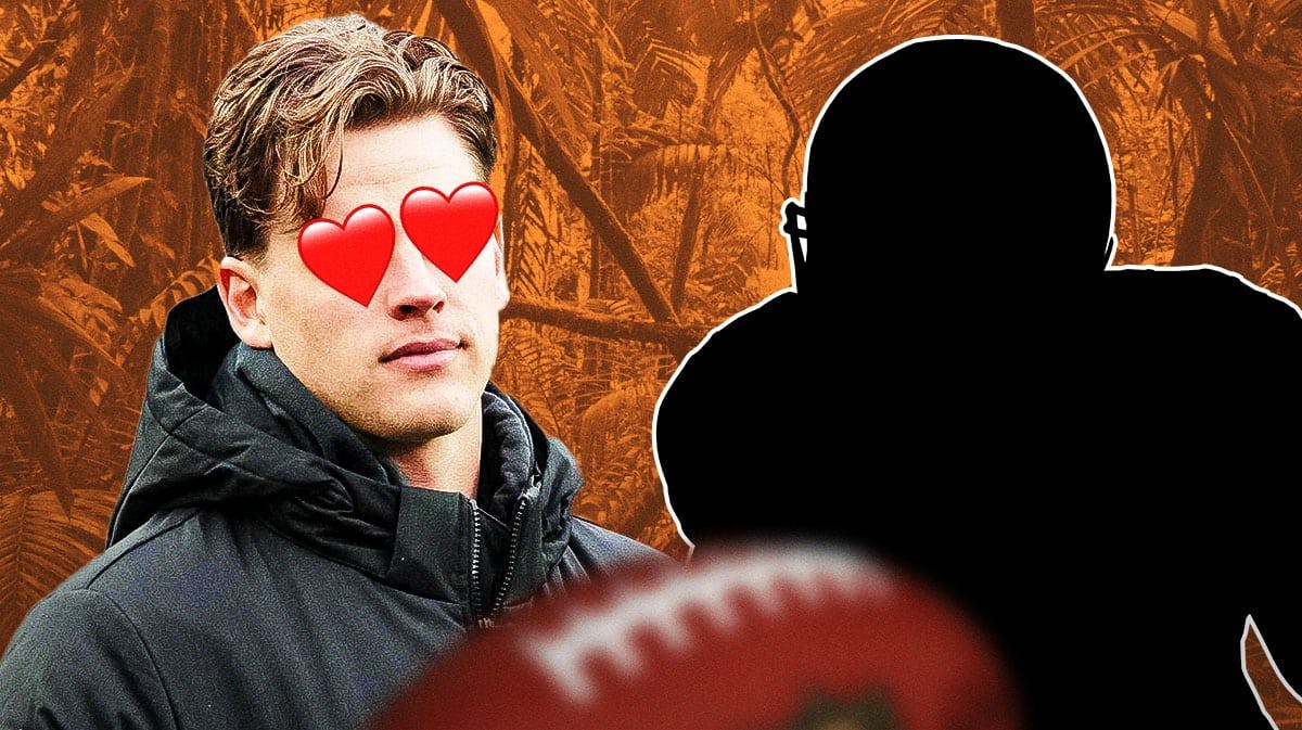 Joe Burrow with heart eyes looking at a silhouetted Bengals player with an orange jungle background.
