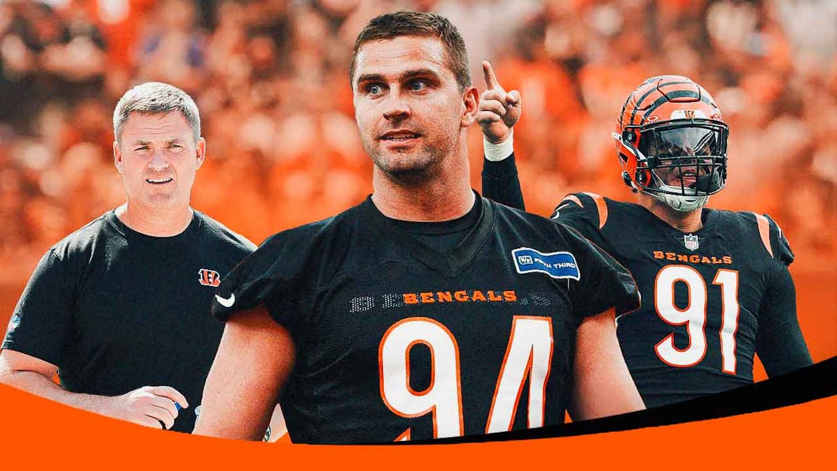 Zac Taylor in his Bengals coaching gear, Sam Hubbard in a Bengals jersey, Trey Hendrickson in a Bengals jersey, with a football field in the background.