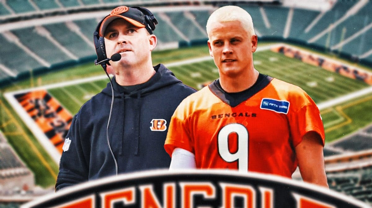 A picture of Zac Taylor in his Bengals coaching gear and Joe Burrow with his blonde hair.