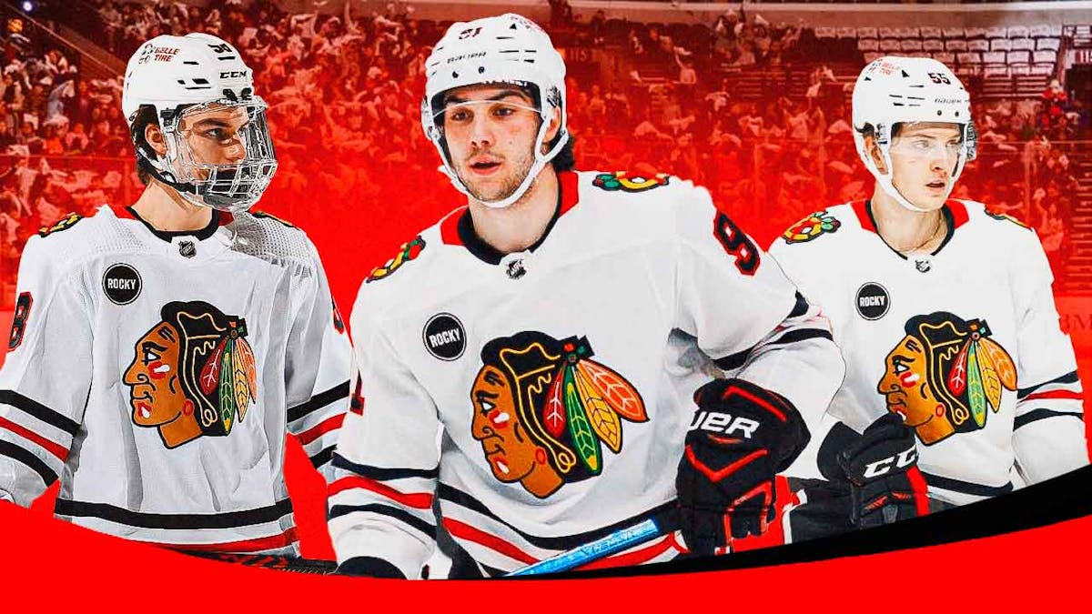 connor bedard, frank nazar, kevin korchinski in front of a chicago blackhawks logo