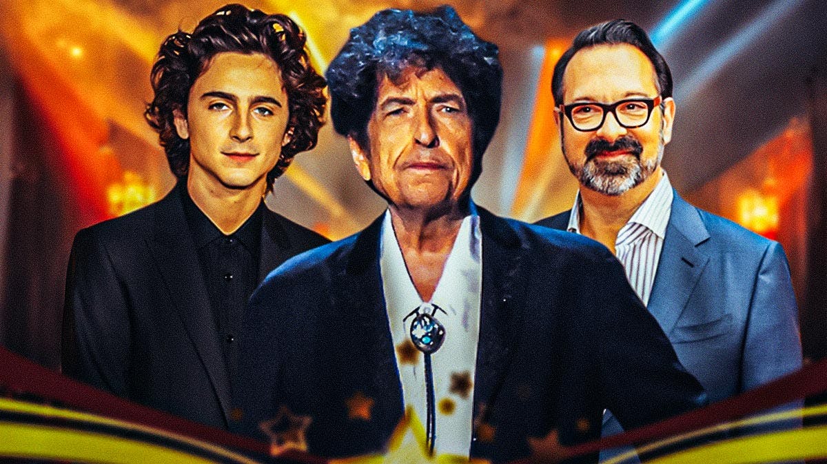 A Complete Unknown, which just got slated for Christmas Day release date, star (Bob Dylan biopic) Timothée Chalamet and director James Mangold with Bob Dylan.