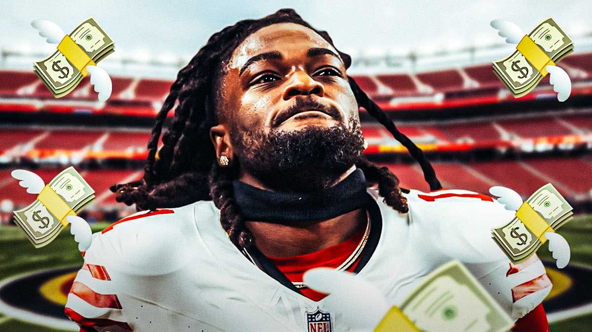 A picture of Brandon Aiyuk in a 49ers jersey with money emojis around him and a football field in the background.