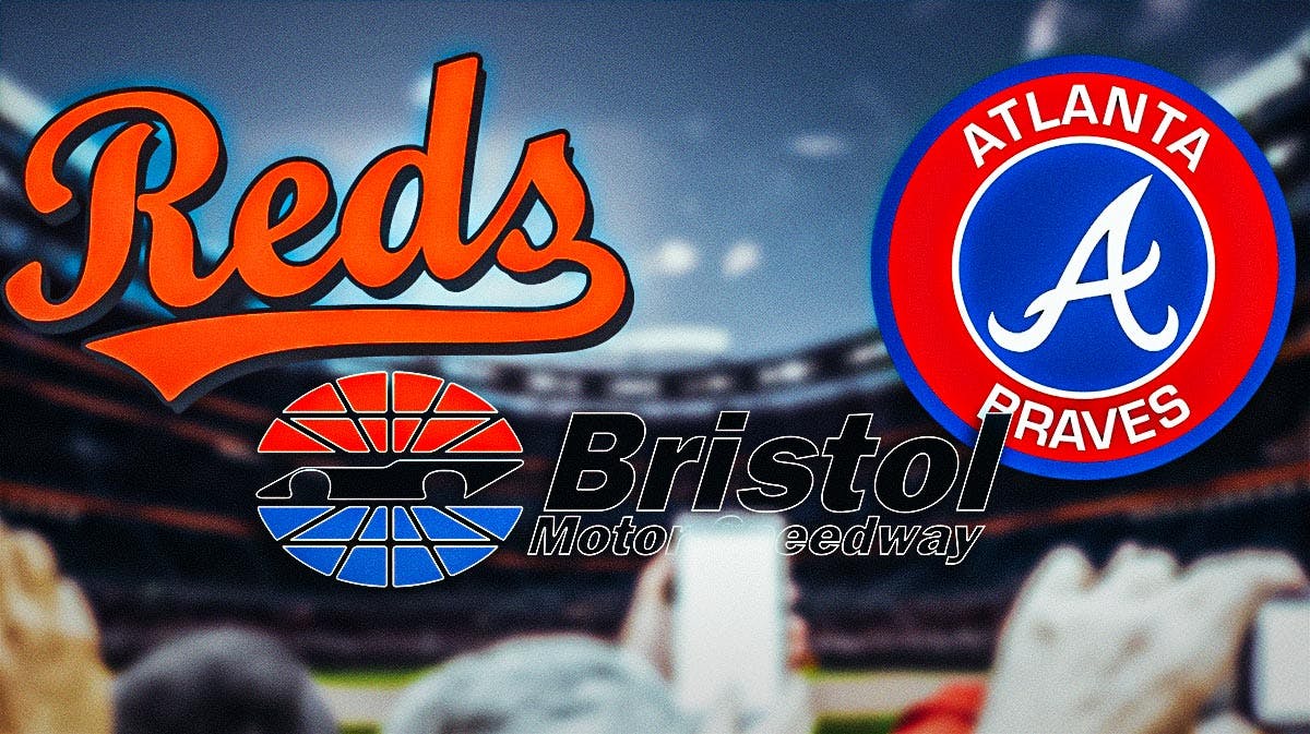 The Reds and Braves logos over Bristol Motor Speedway